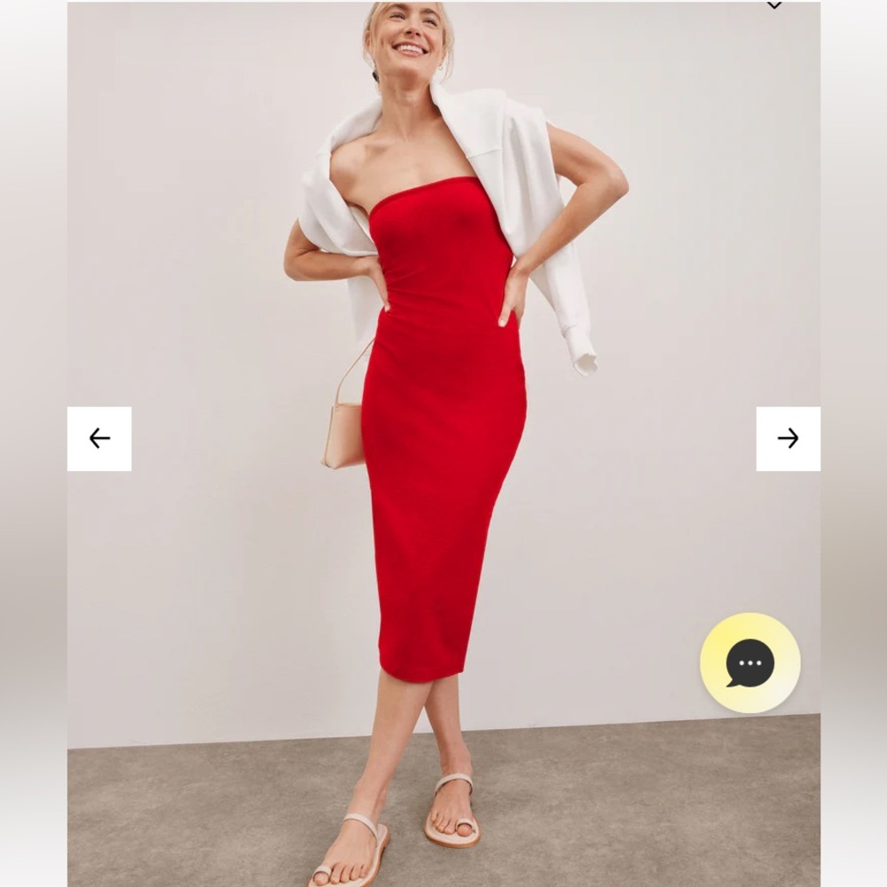 Beyond Yoga Strapless Midi Dress in Candy Apple Red